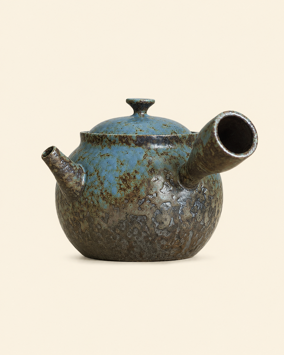 Mottled Kyusu ceramic side-handle teapot with kiln-transformation blue-grey and rust glaze