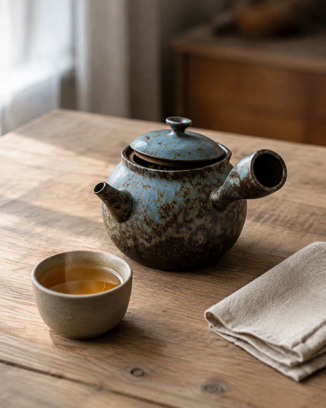 Close-up of the mottled glaze and spout filter holes on the Mottled Kyusu teapot