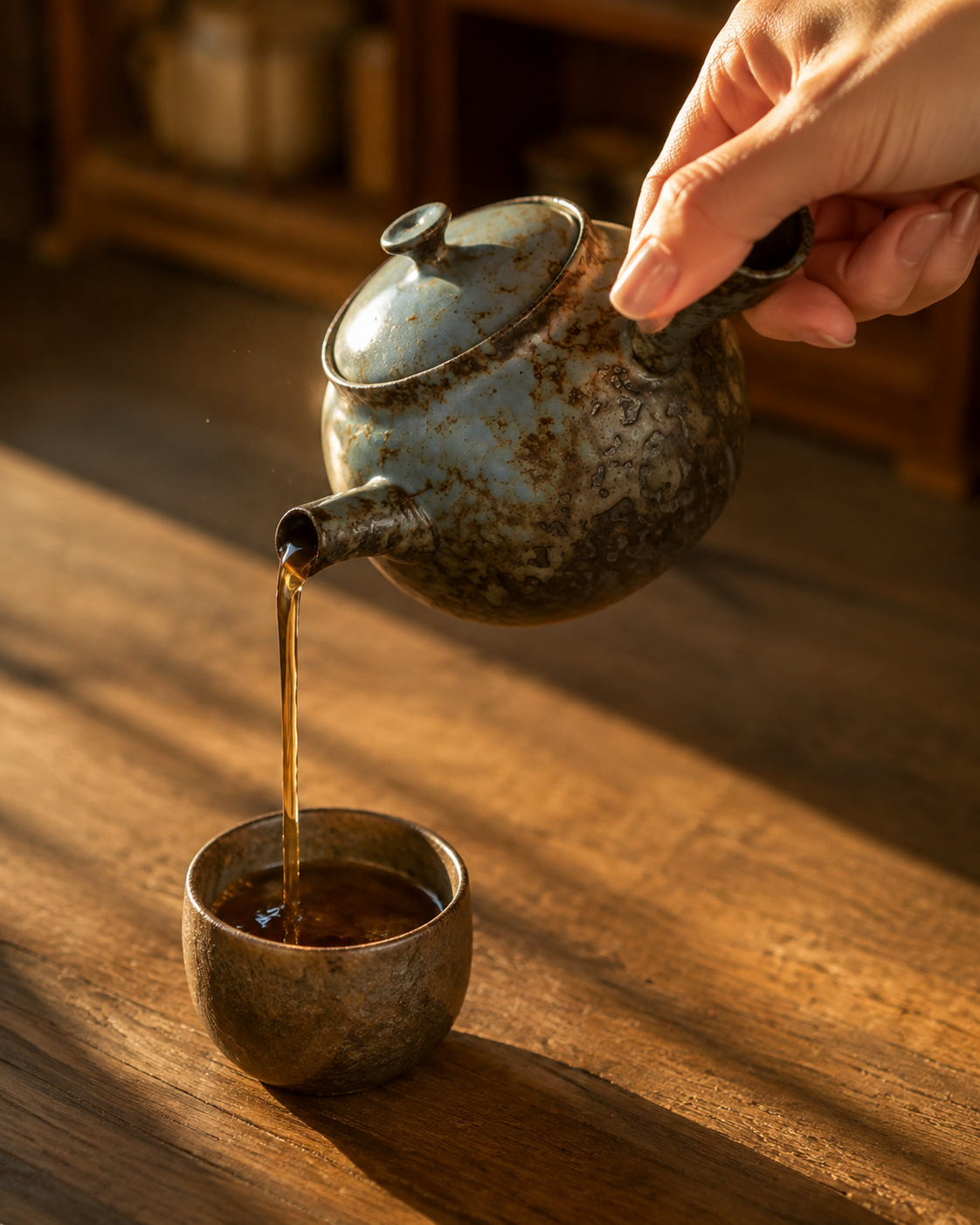 Mottled Kyusu teapot side handle and flat base detail
