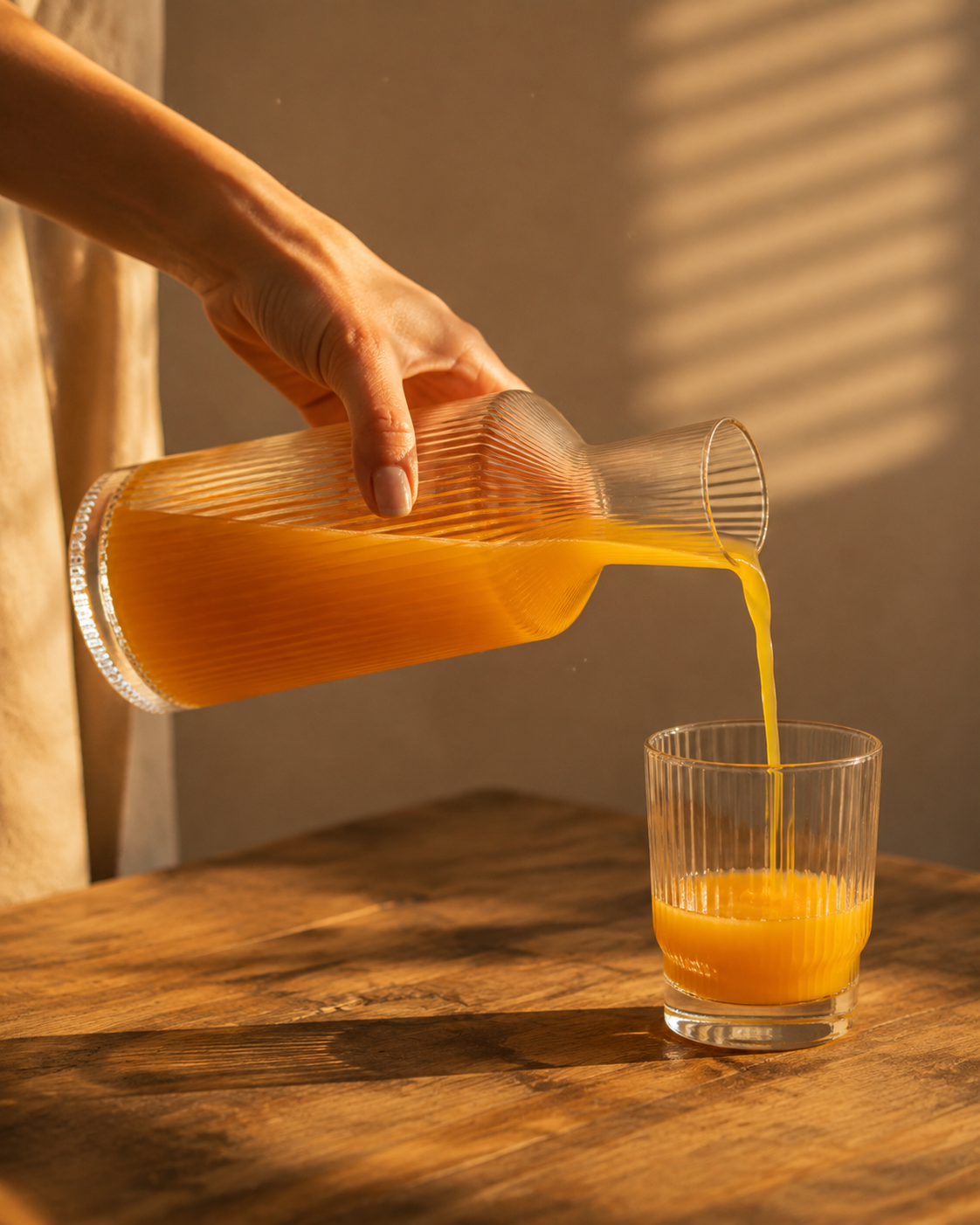 Close-up of the vertical fluted ribbing on the Fluted Carafe glass body