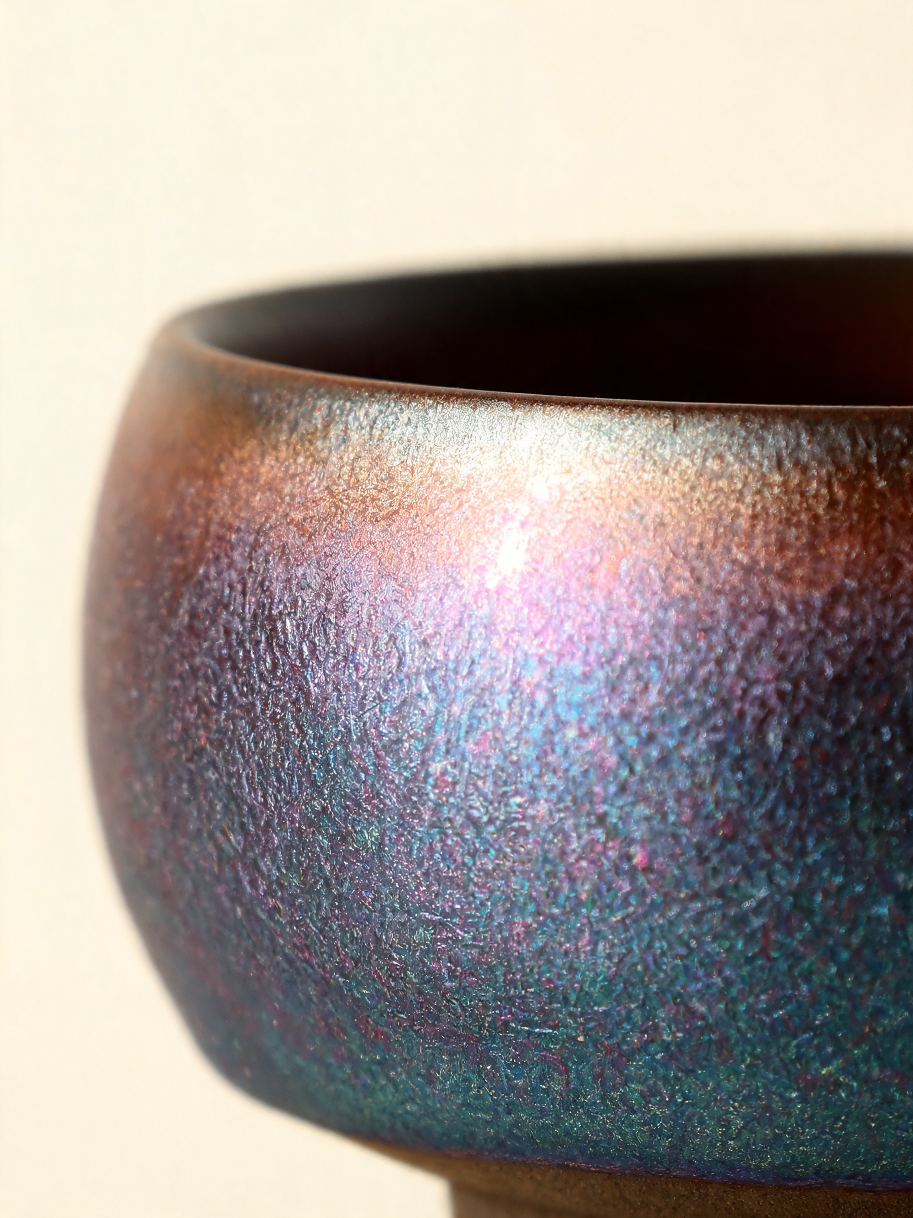 Detail of the shifting iridescent glaze on the Aurora Zen Cup
