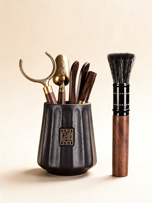 Black Liu Junzi Tea Tool Set with antique brass tools and black holder