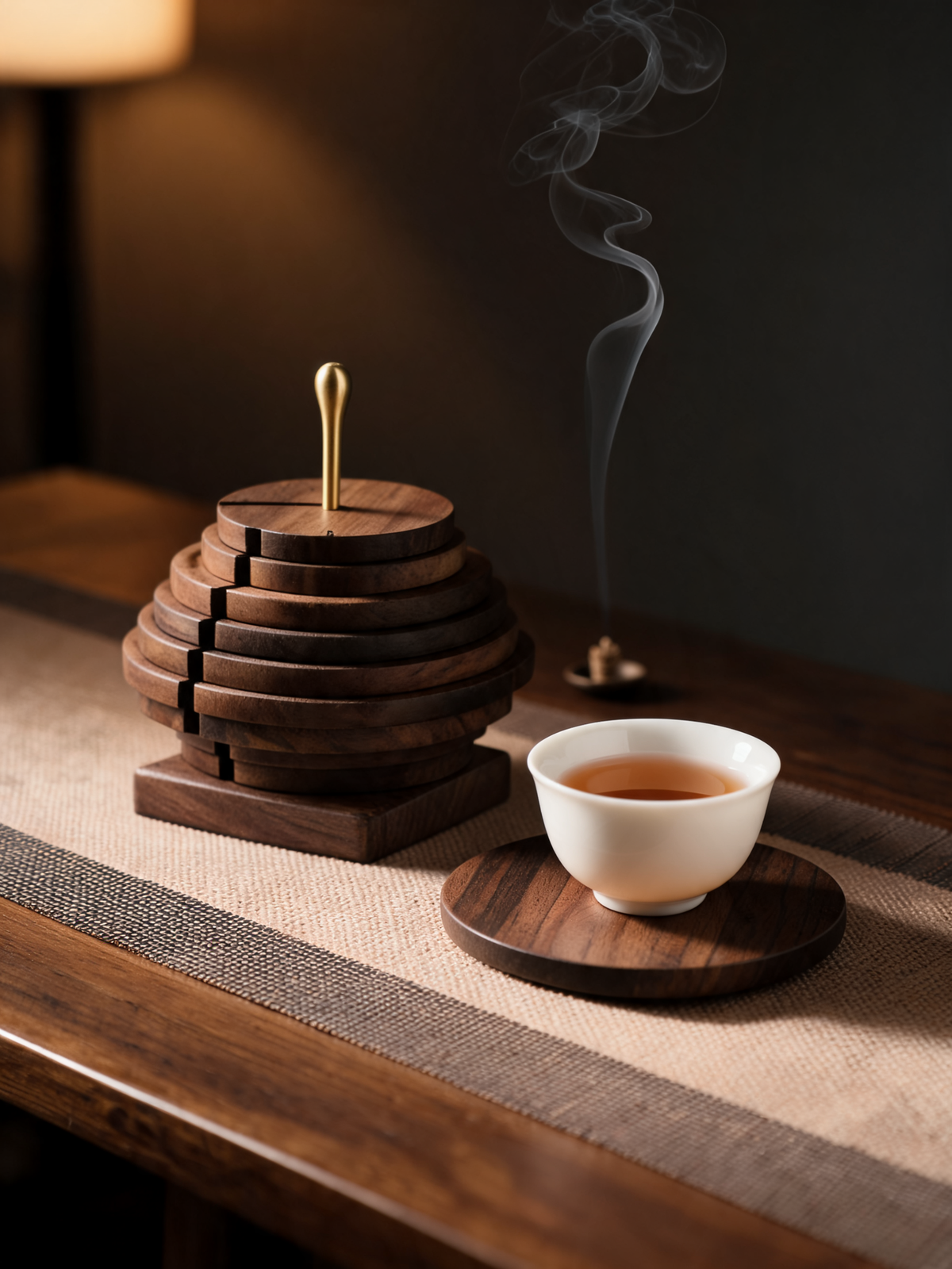 Black Walnut Spiral Coaster Set opened into a fan like spiral