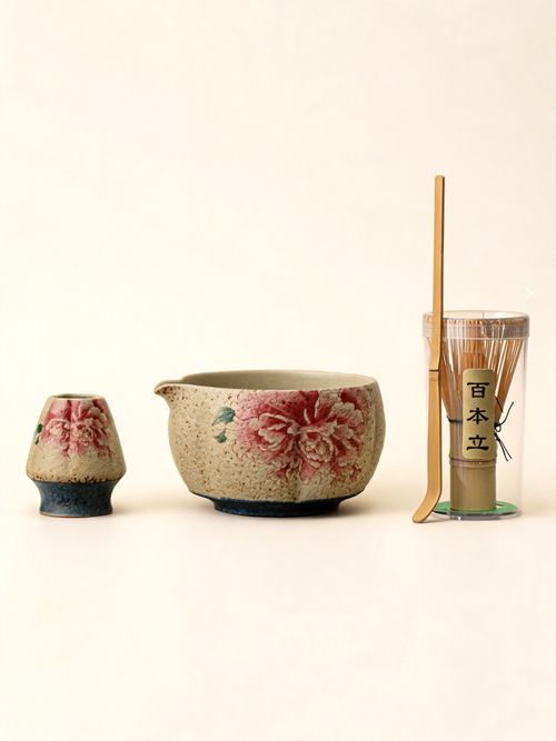 Botan Matcha Set four piece ceramic matcha set with peony decoration