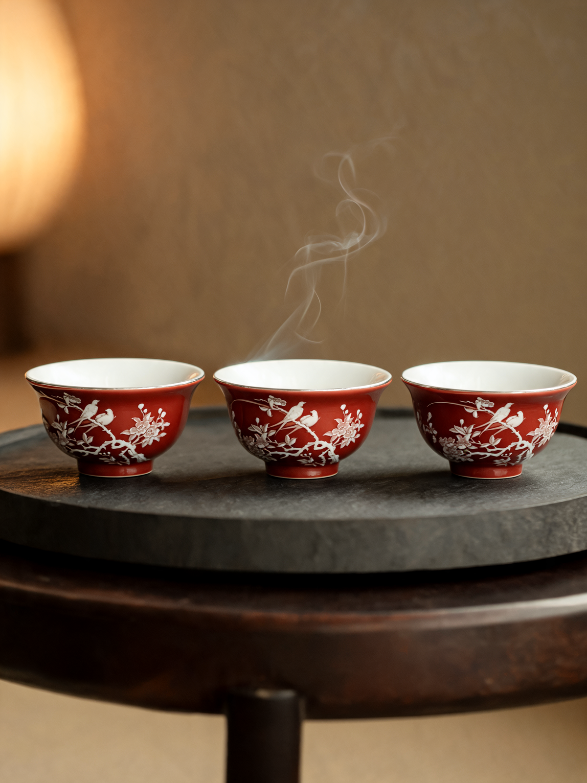 Coral Red Yashou Cup white porcelain interior with fine dark rim