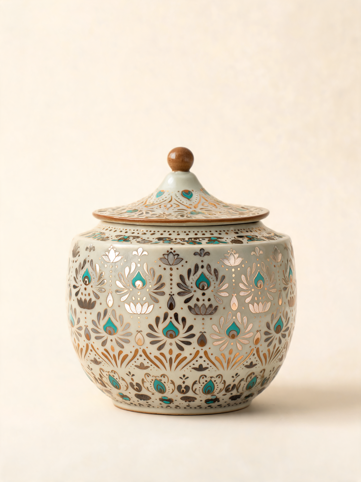 Dunhuang Jar ivory ceramic tea storage jar with gold and turquoise motifs