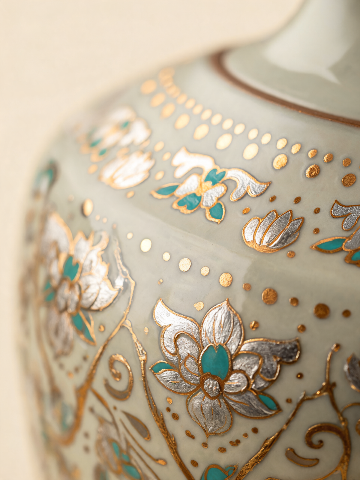 Detail of the lotus and peacock inlay inspired decoration