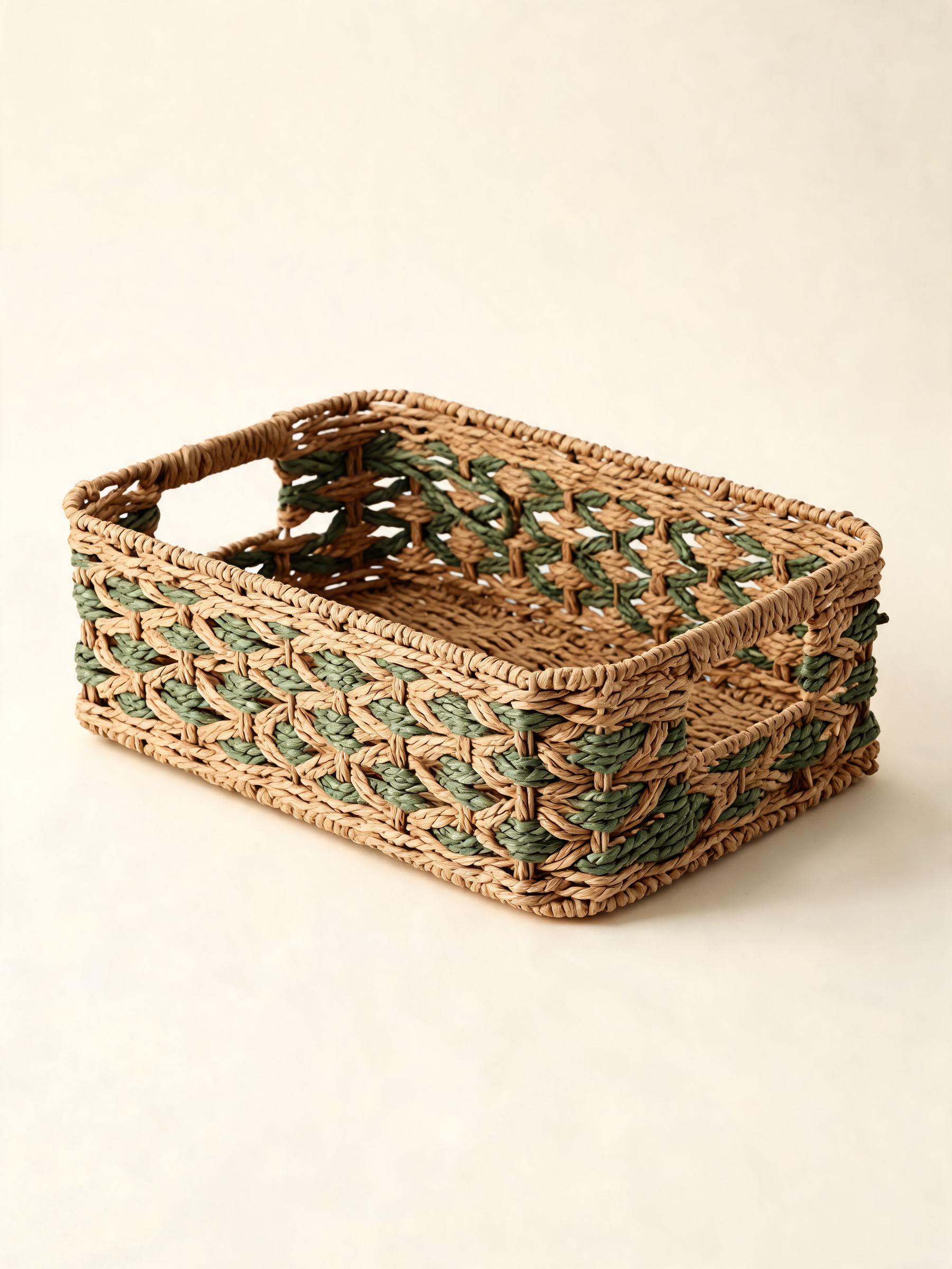 Handwoven Storage Basket with tan and green chevron pattern