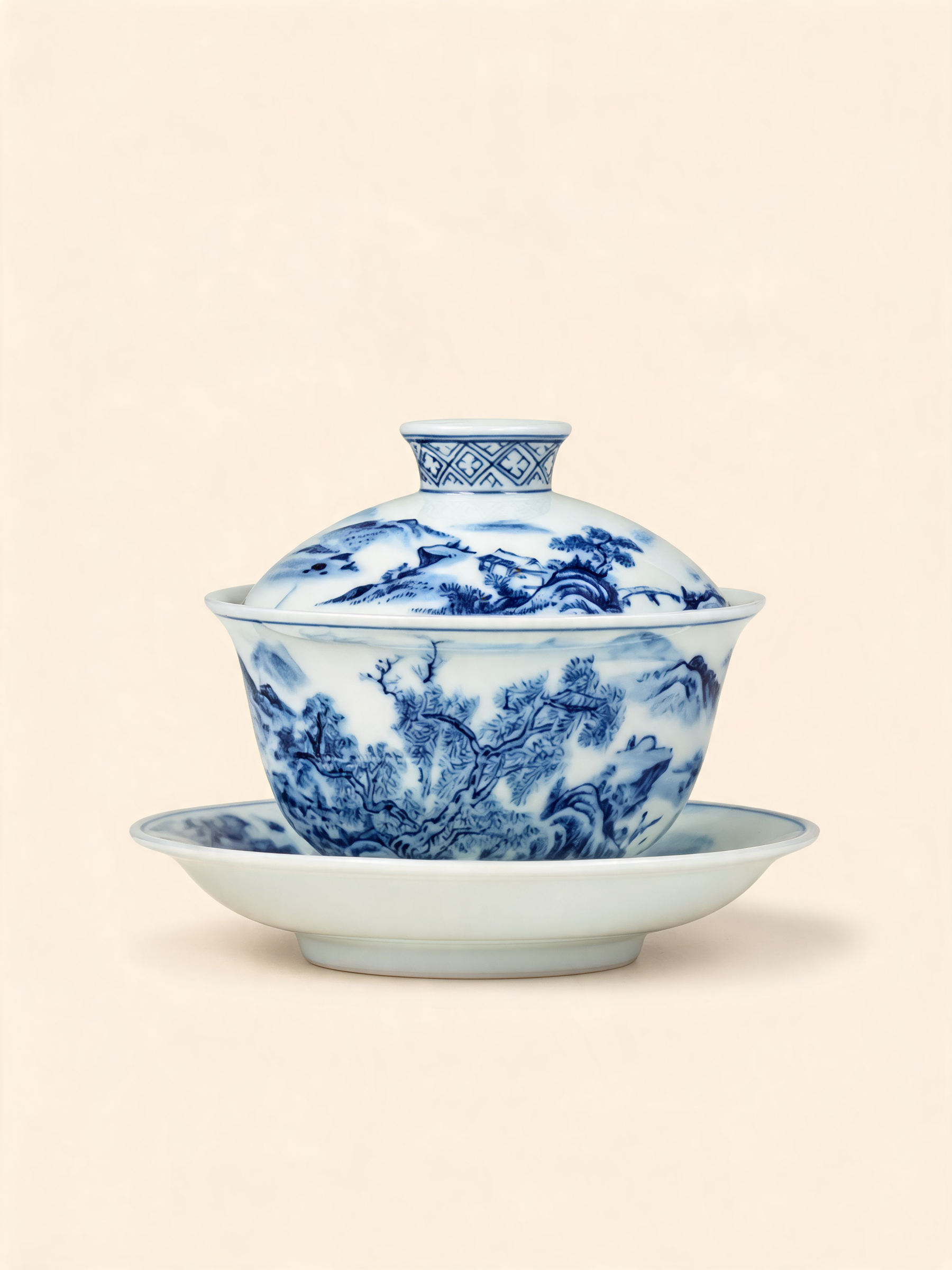 Ink Mountain Gaiwan blue and white ceramic gaiwan with lid and saucer