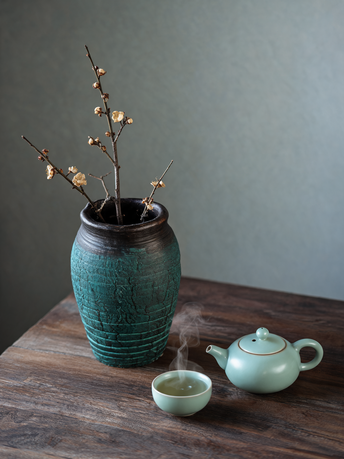 Detail of the horizontal ridges and weathered green glaze