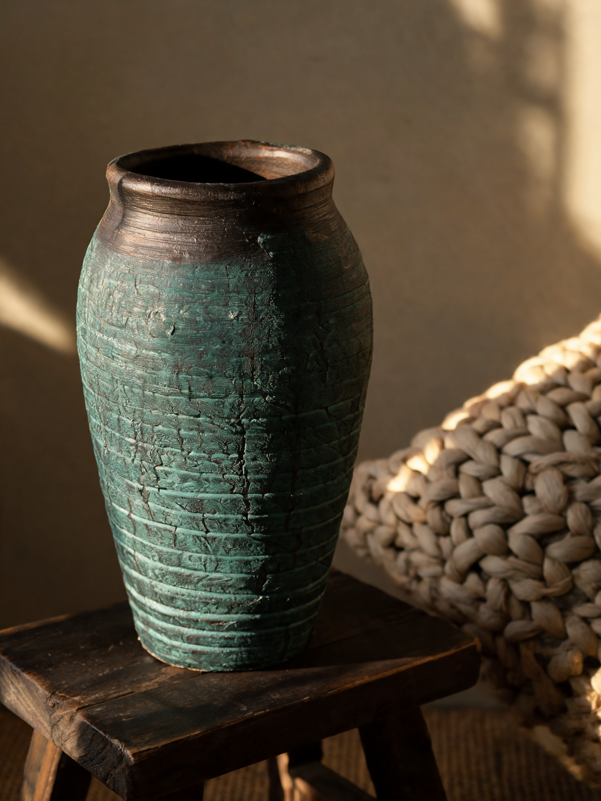 Jade Patina Vessel sculptural vase for dried branches and stems