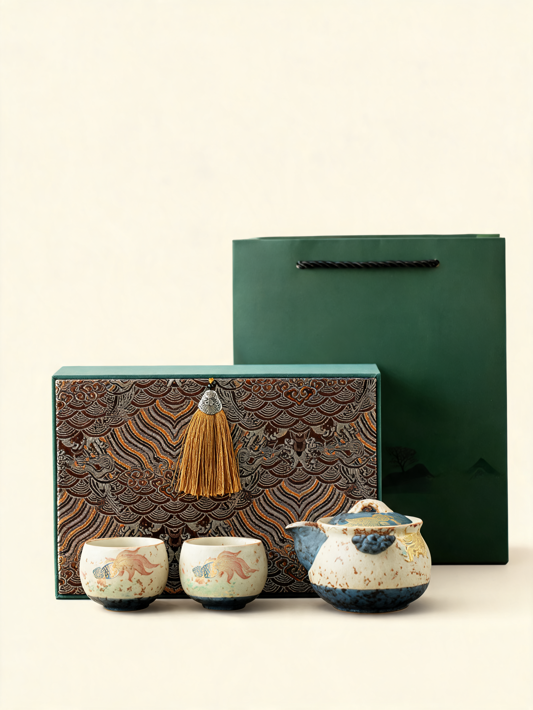 Jinyu Mantang porcelain tea set with matching teapot and two cups