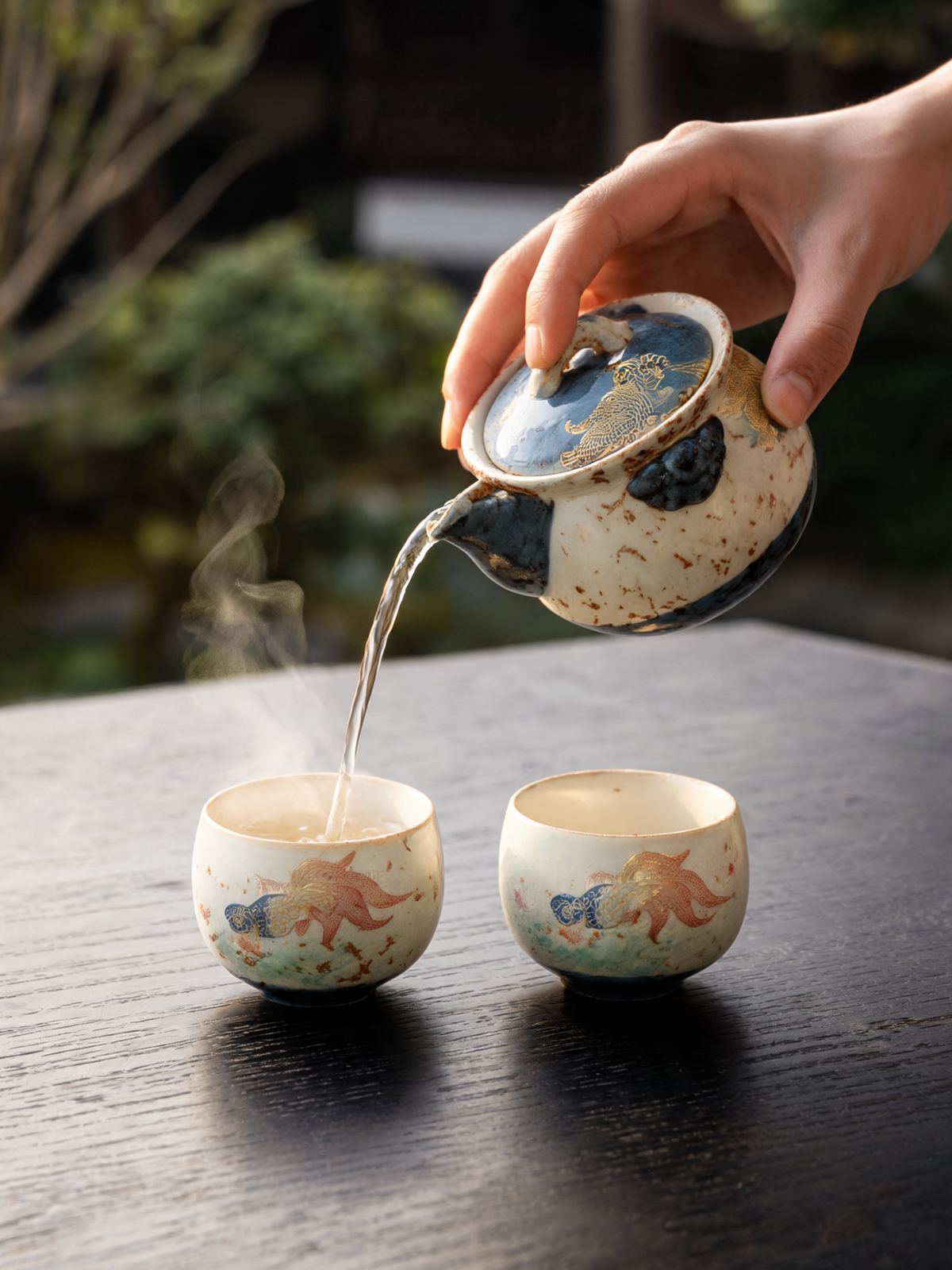 Full Jinyu Mantang porcelain tea set arranged for serving