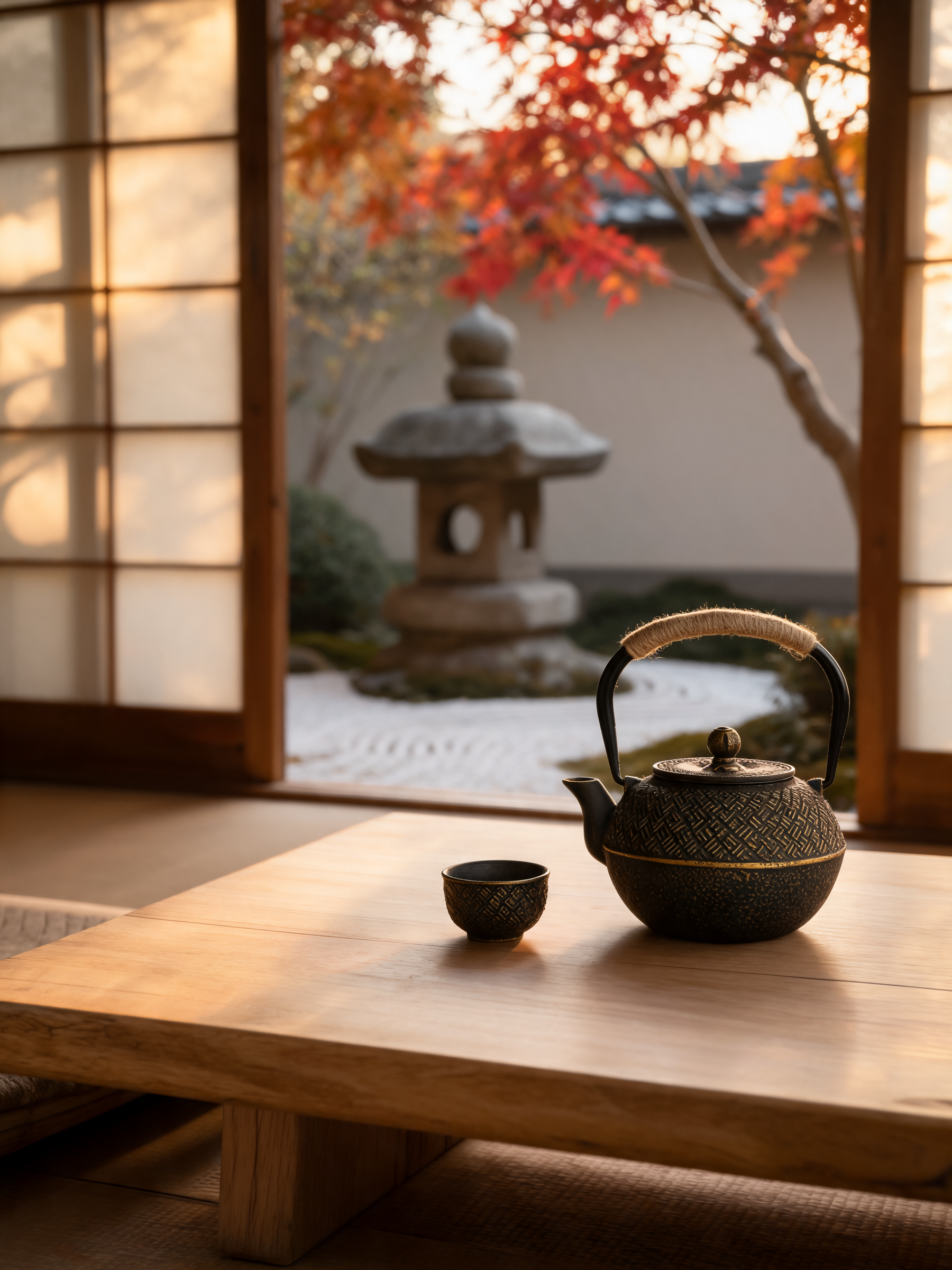 Detail of the golden Kagome pattern on the cast iron teapot
