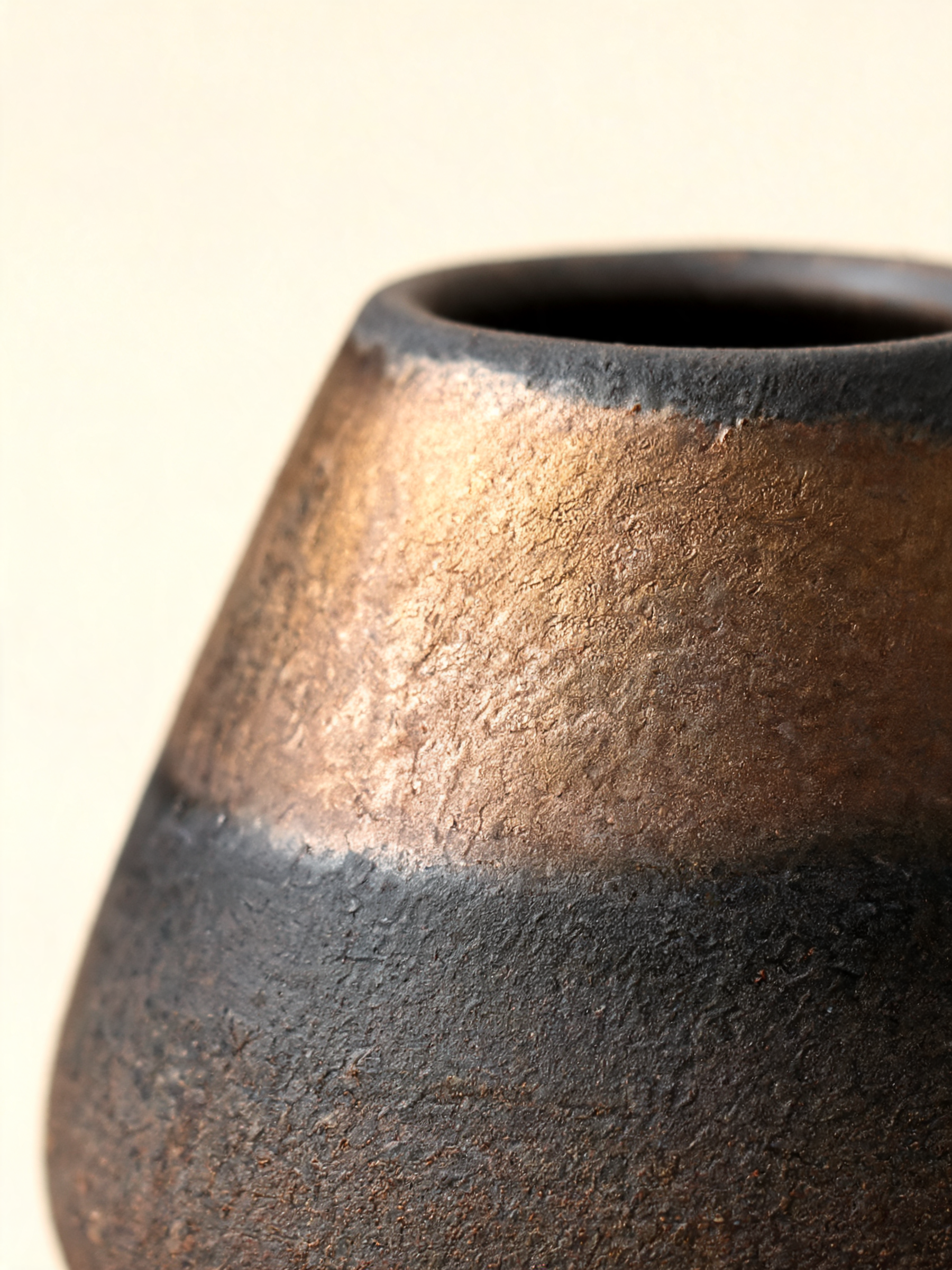 Detail of the golden bronze band across the matte black ceramic