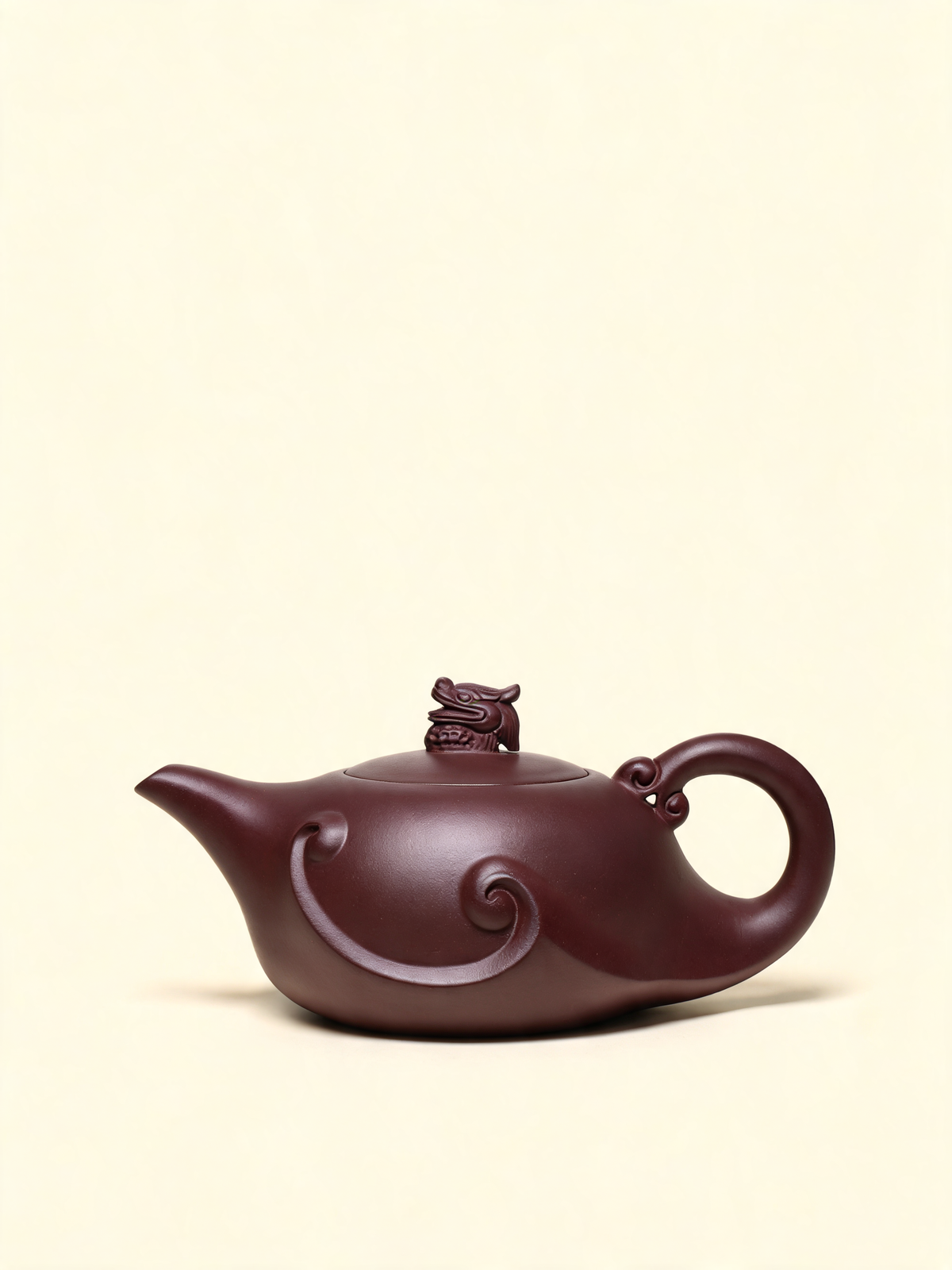 Long Ying Teapot in aged purple clay with carved dragon lid knob