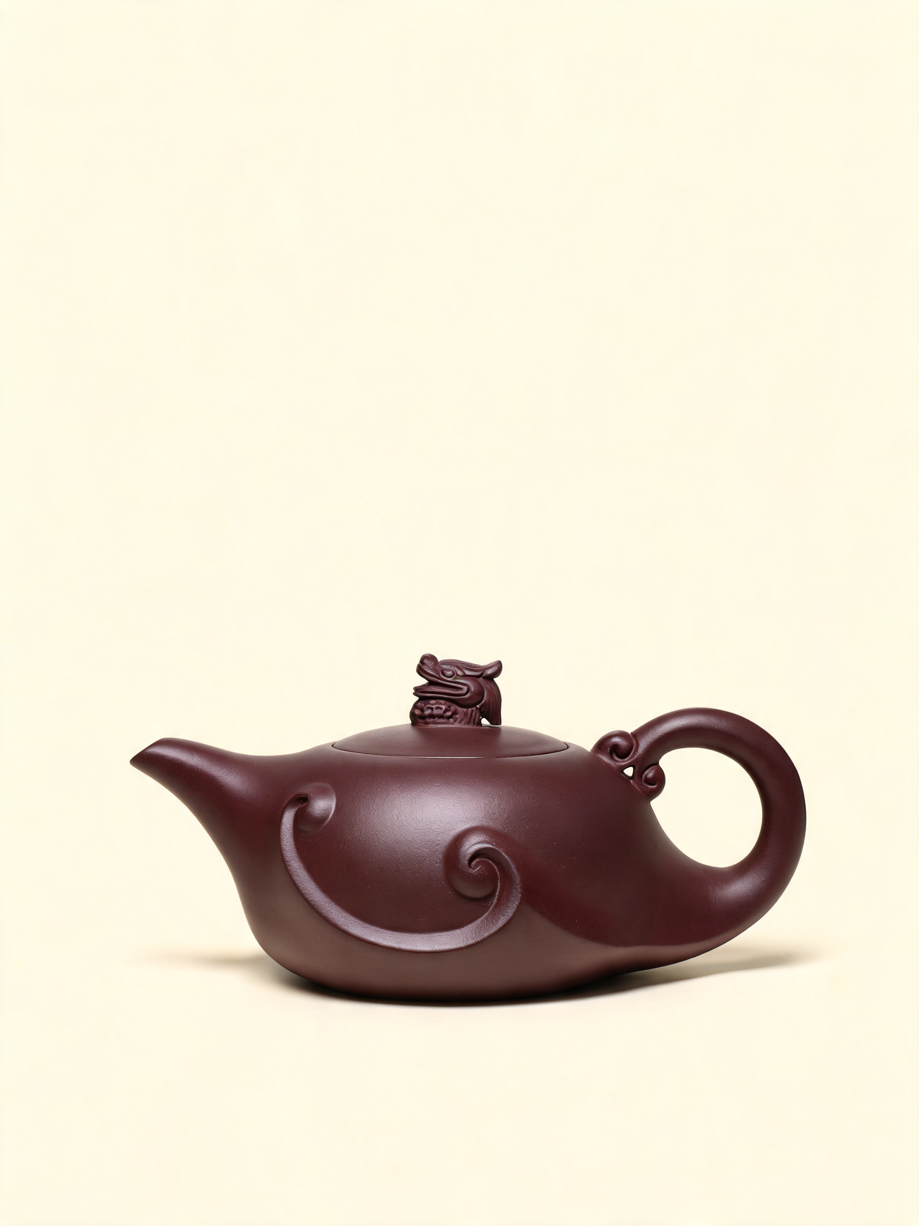 Long Ying Teapot in aged purple clay with carved dragon lid knob