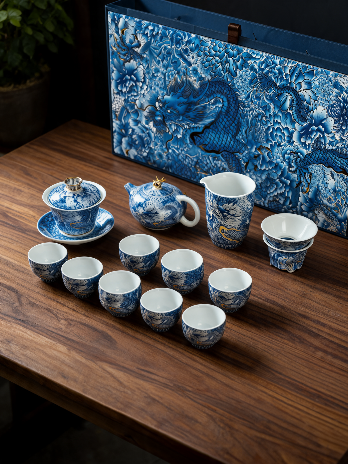 Detail of the gold dragon design on the Longfeng porcelain