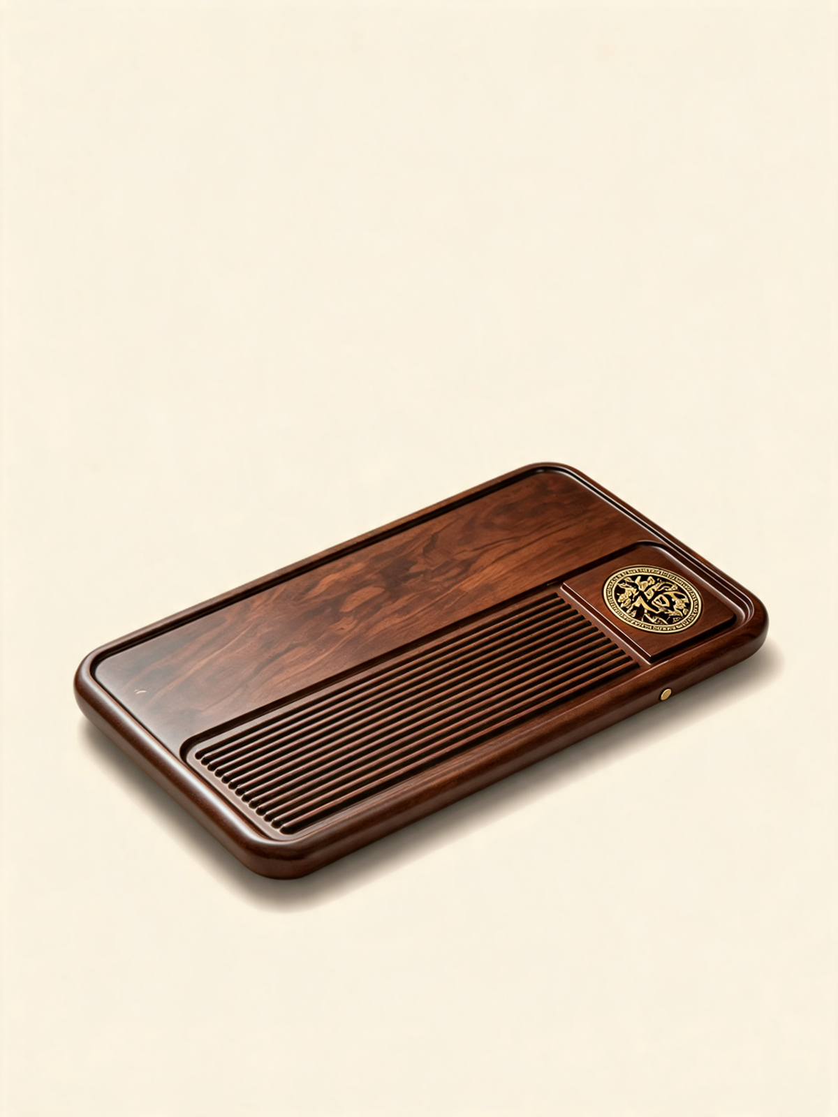 Qian Du Tea Tray gold engraved medallion detail