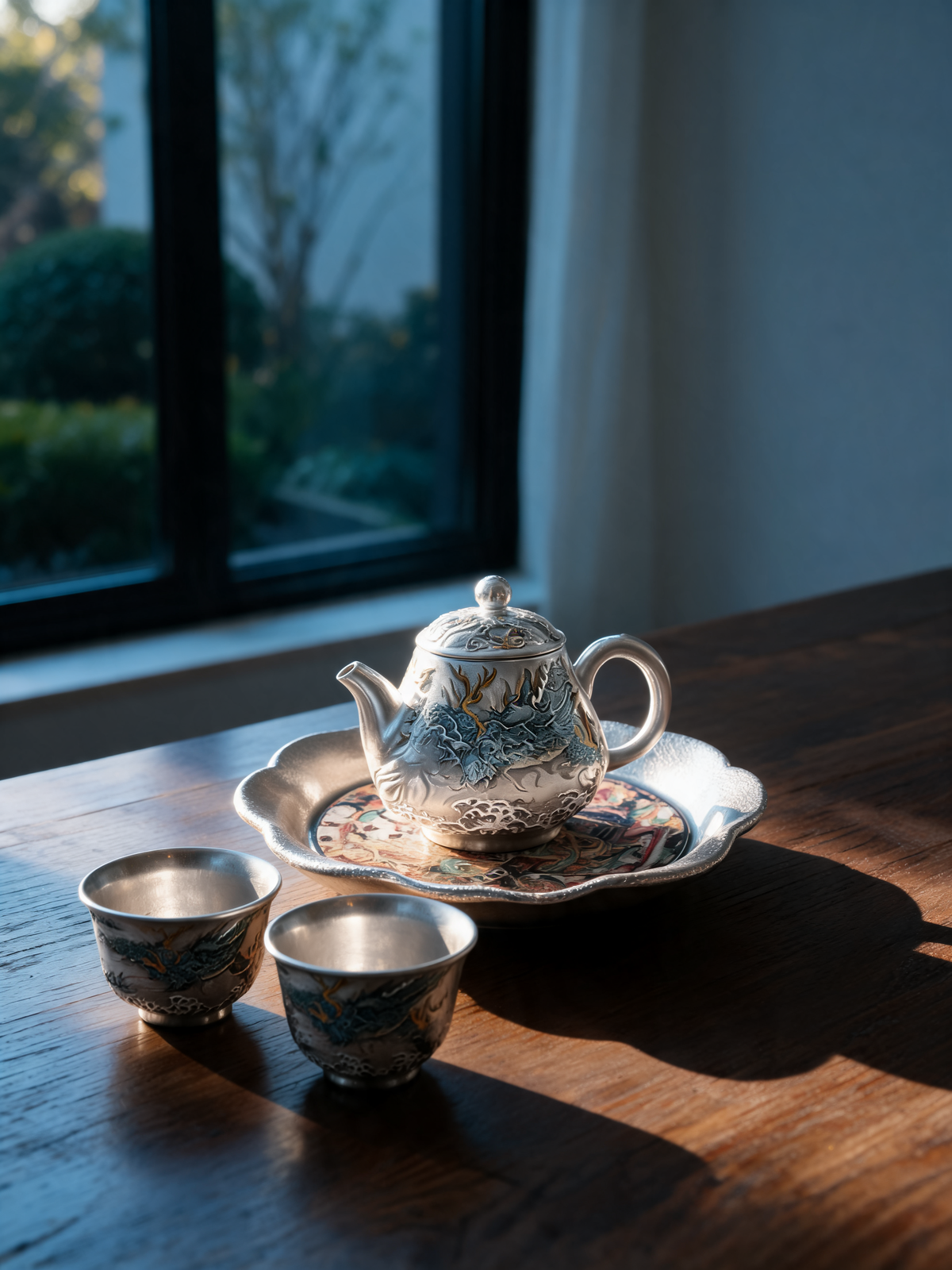 Qinglong flower-shaped tea stand with Dunhuang-inspired medallion