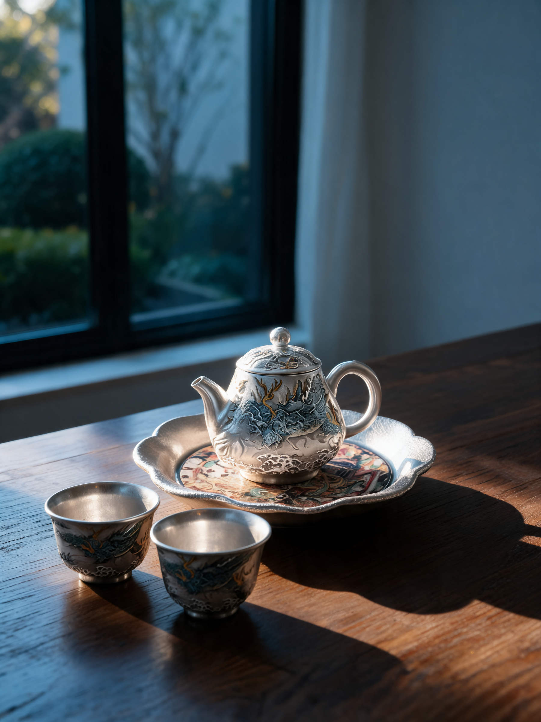 Qinglong flower-shaped tea stand with Dunhuang-inspired medallion