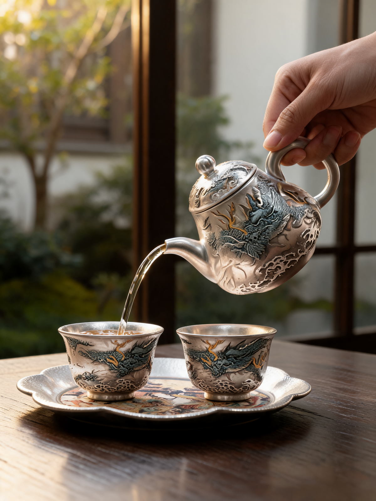 Qinglong tea cups with silvered porcelain finish