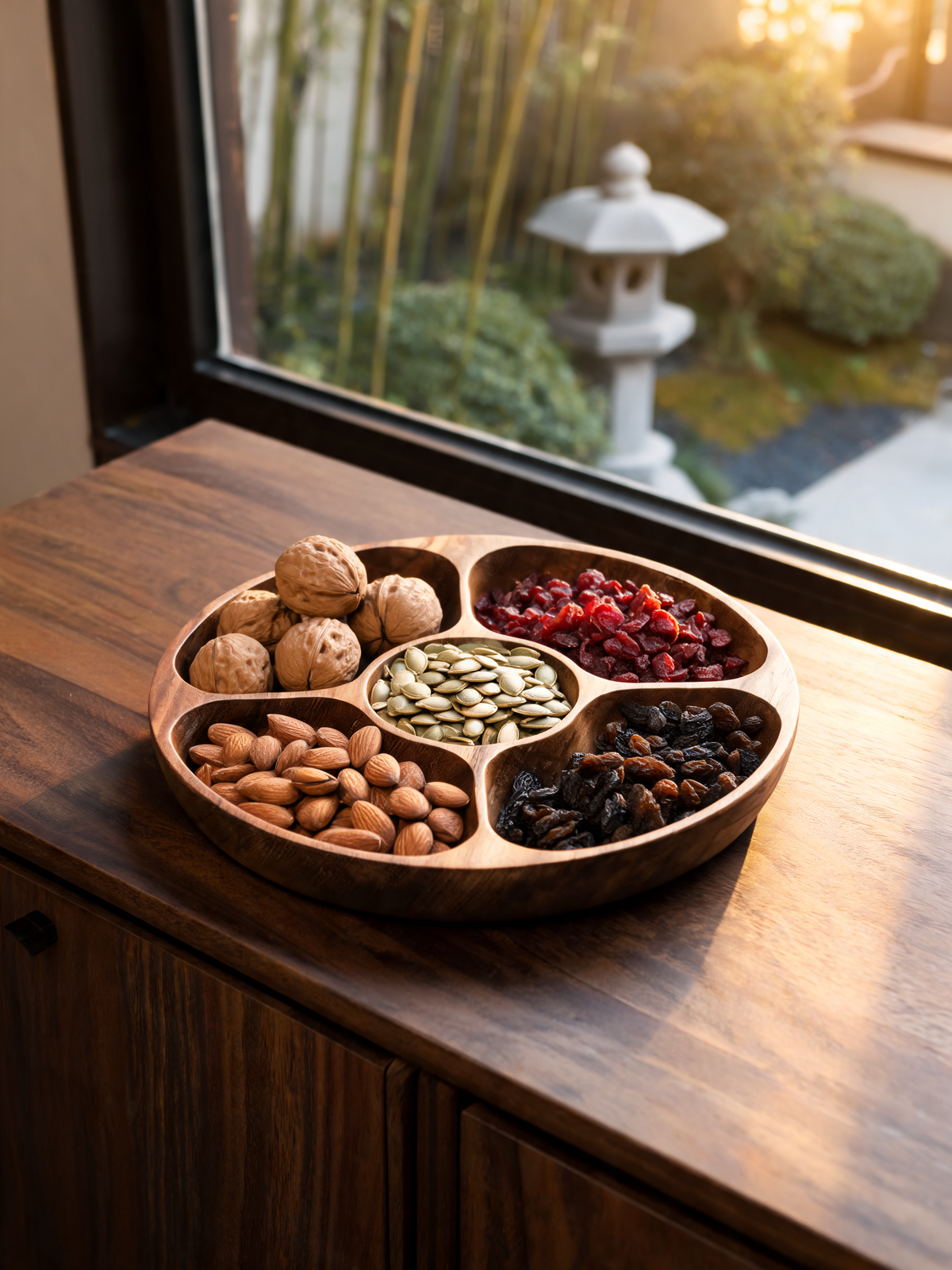 Walnut Five Section Tray 29.8 cm round serving tray with five compartments