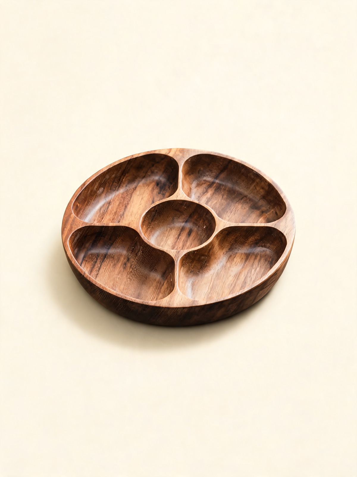 Walnut Five Section Tray central circle and four curved compartments