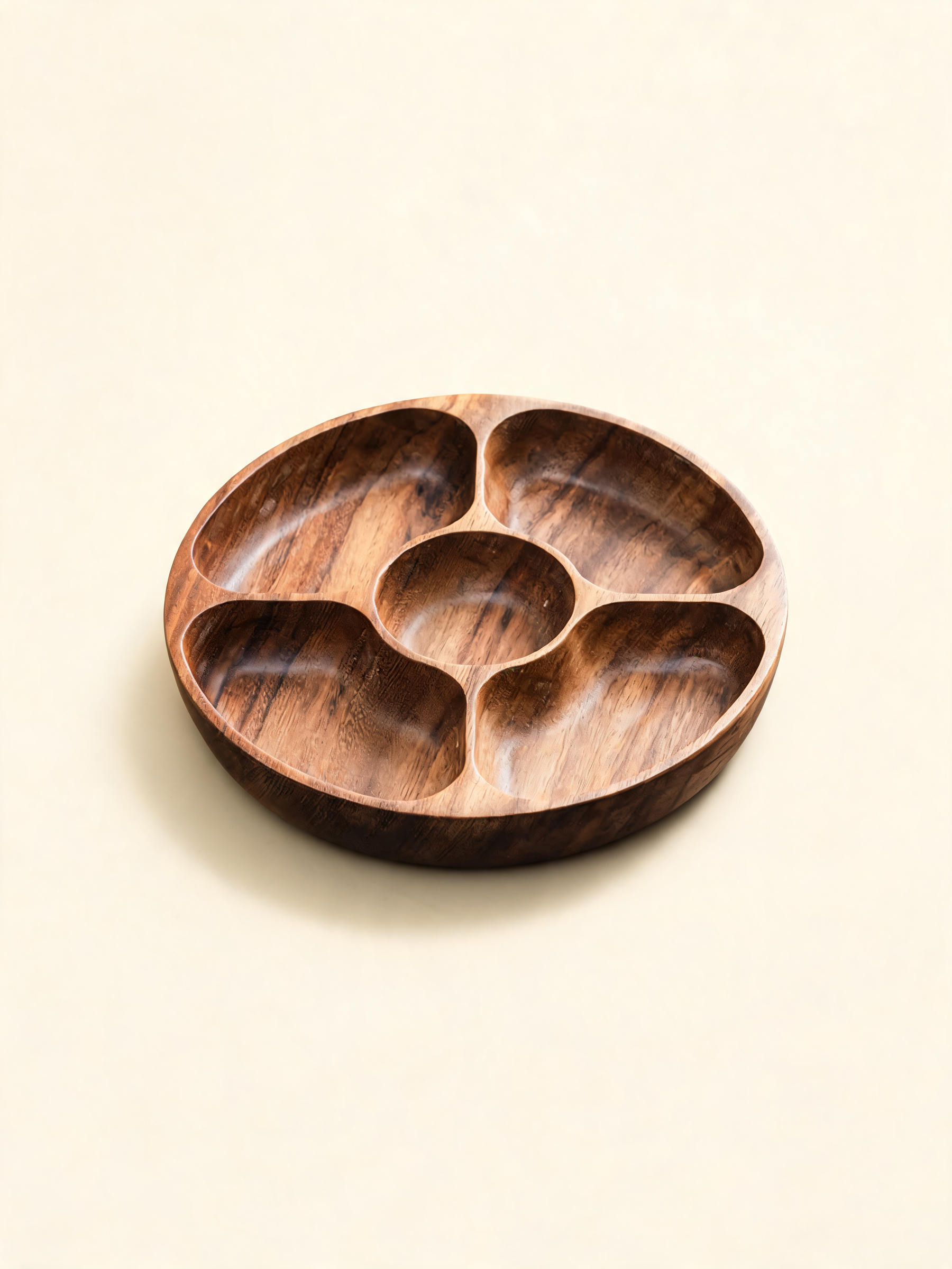 Walnut Five Section Tray central circle and four curved compartments