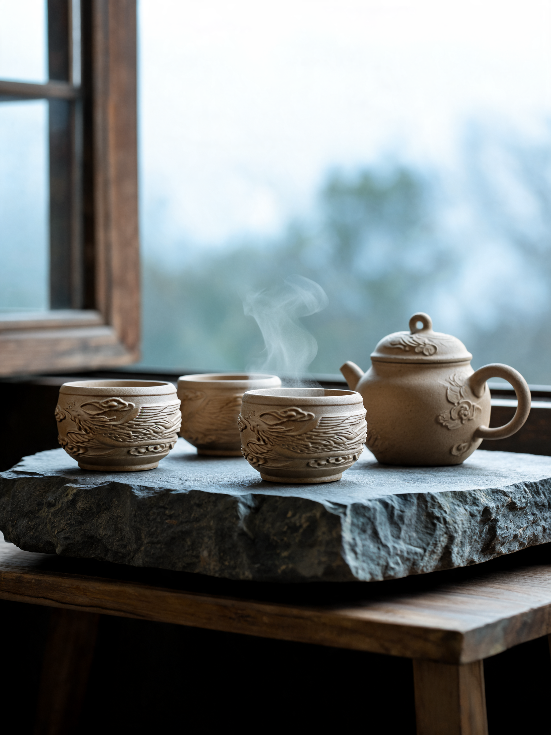 Wood-Fired Phoenix Relief Cup 115 ml wood fired ceramic cup