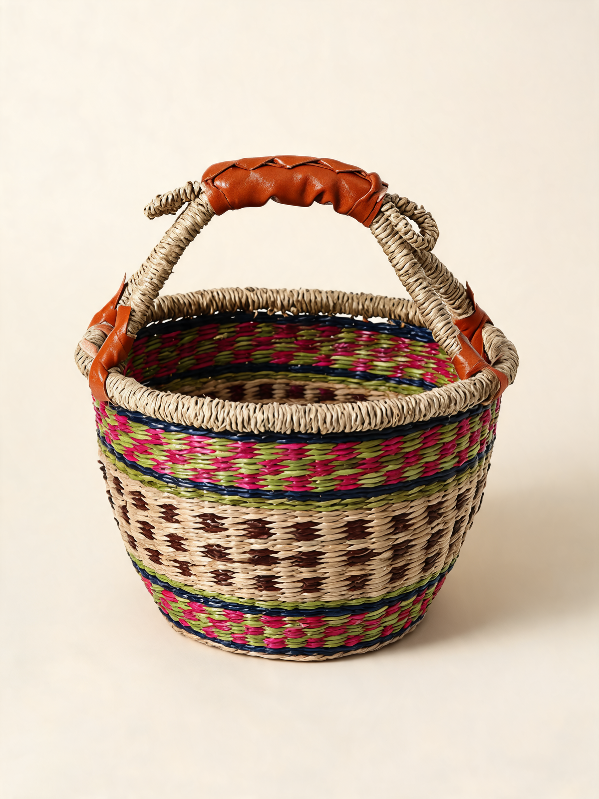 Woven Seagrass Basket in Vietnamese seagrass with leather wrapped handle