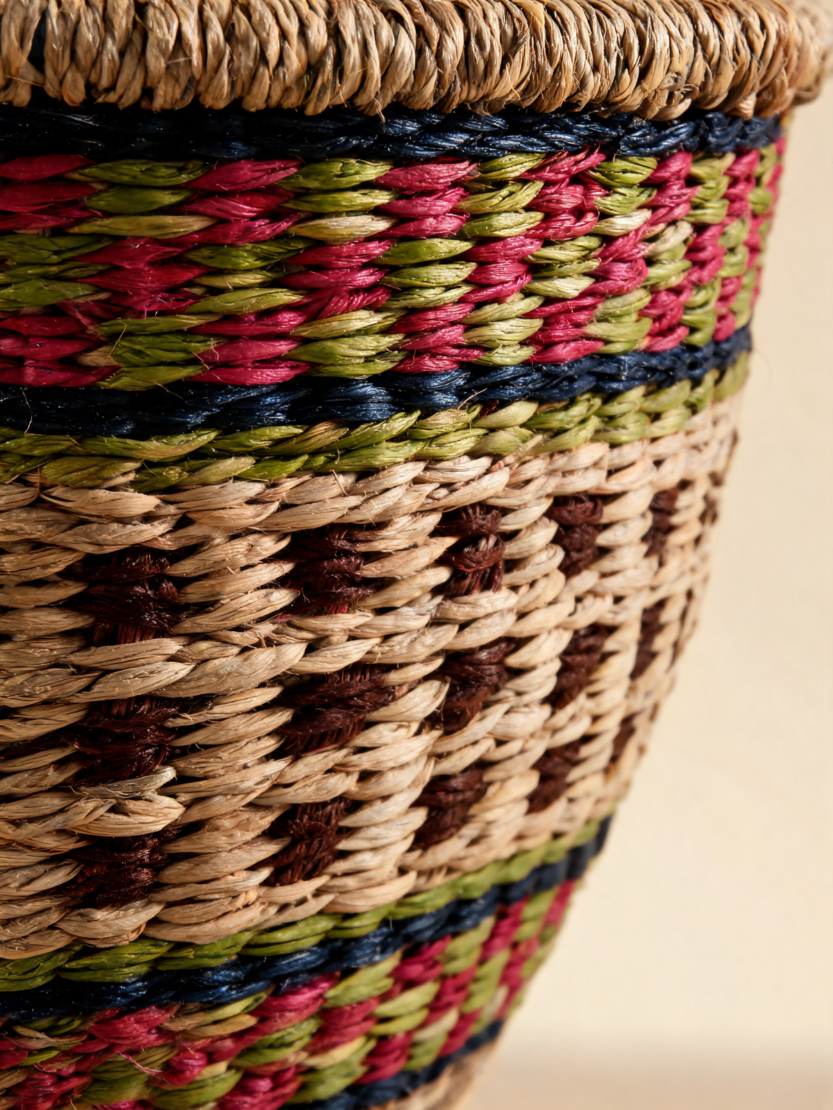 Detail of the pink, green, navy and reddish brown geometric bands