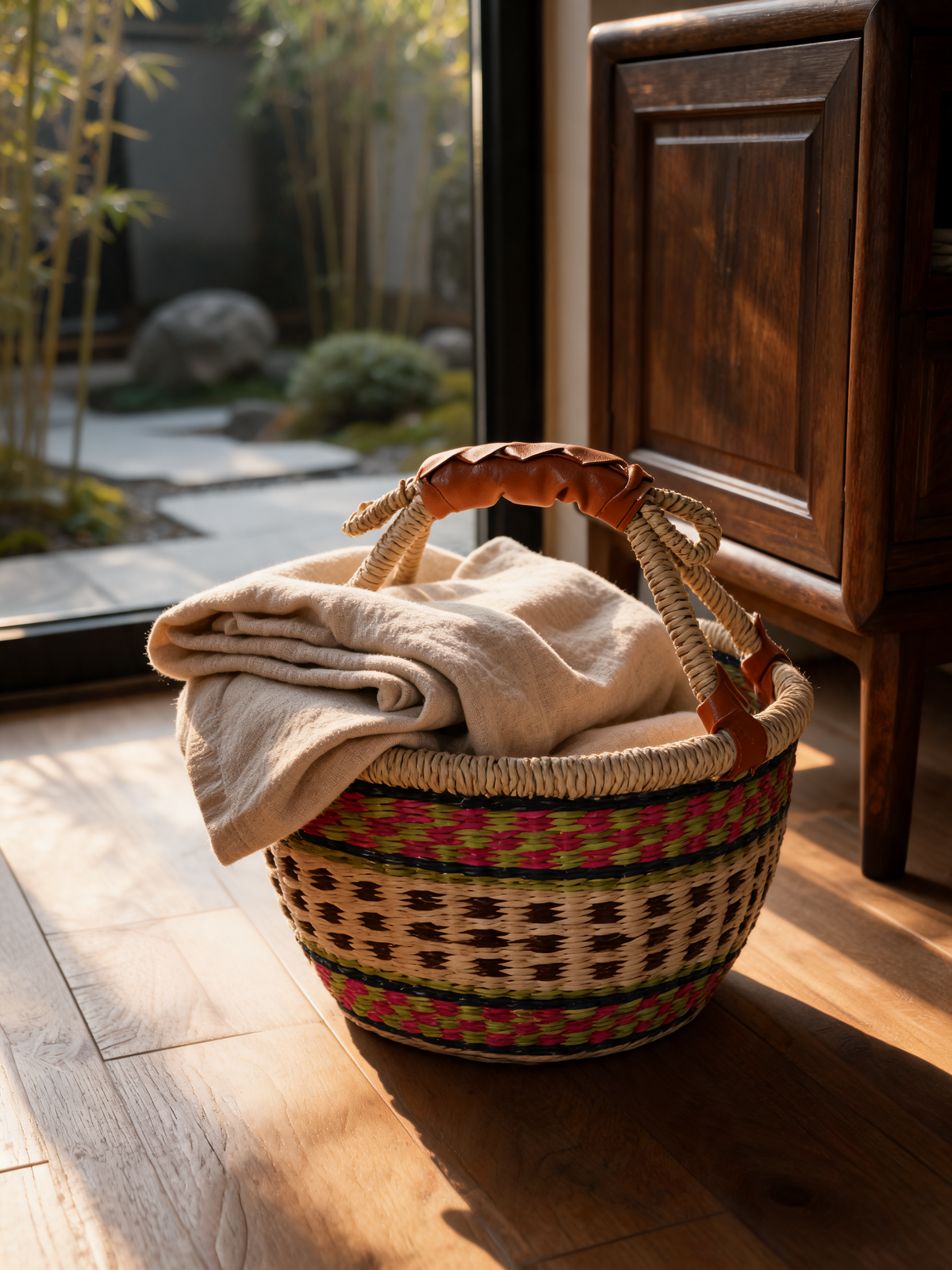 Woven Seagrass Basket genuine leather wrapped handle