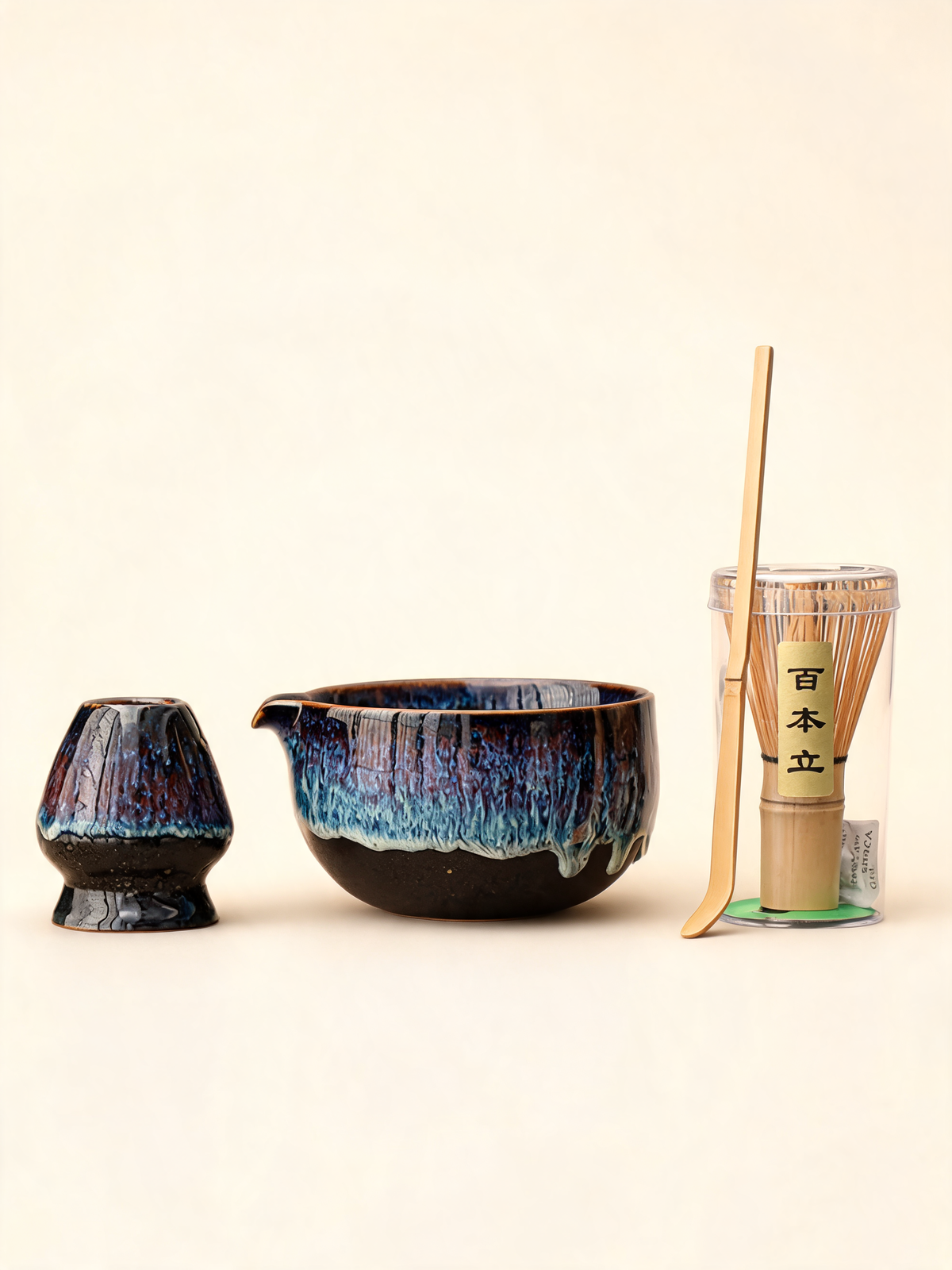Yaobian Matcha Set four piece matcha set in indigo reactive glaze
