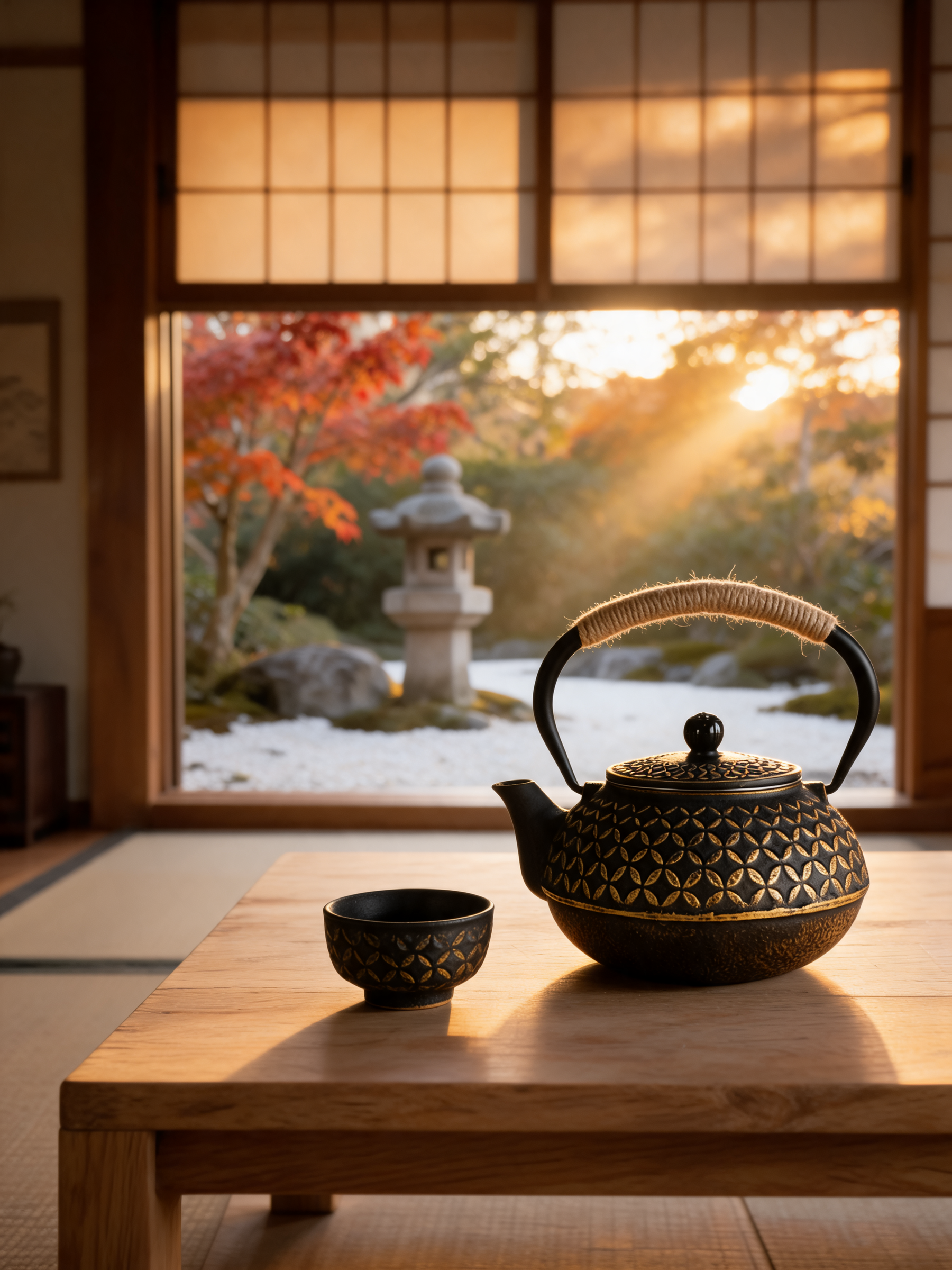Detail of the golden four-leaf clover pattern on the Yotsuba teapot